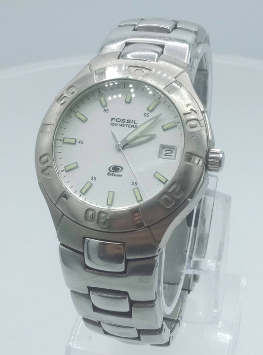 Fossil blue AM3326 unisex watch stainless steel white dial AM-3906 analog 10 ATM