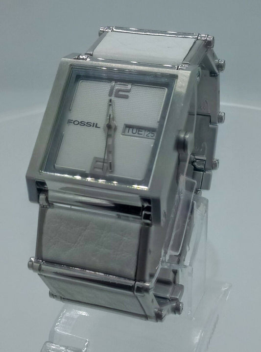 Fossil Authentic JR9395 unisex square steel watch white leather JR-9395 5ATM