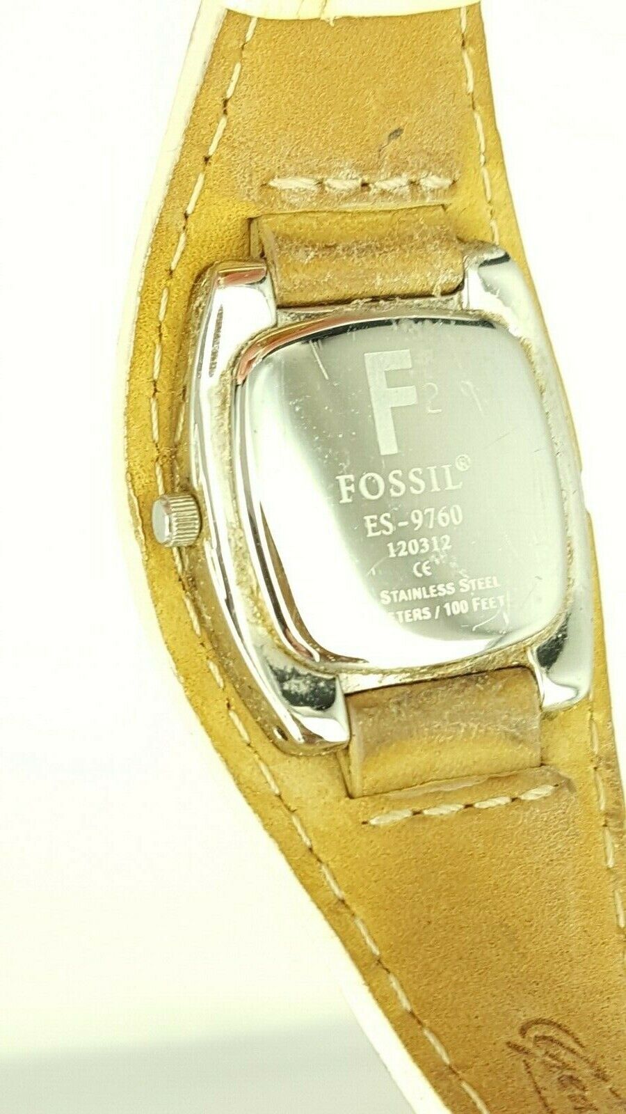 Fossil ES9760 ladies cushion case watch white leather ES-9760 analog 5 ATM