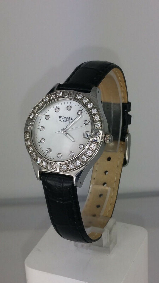 Fossil Blue AM3500 ladies watch diamonds insert case AM-3500 analog 10 ATM