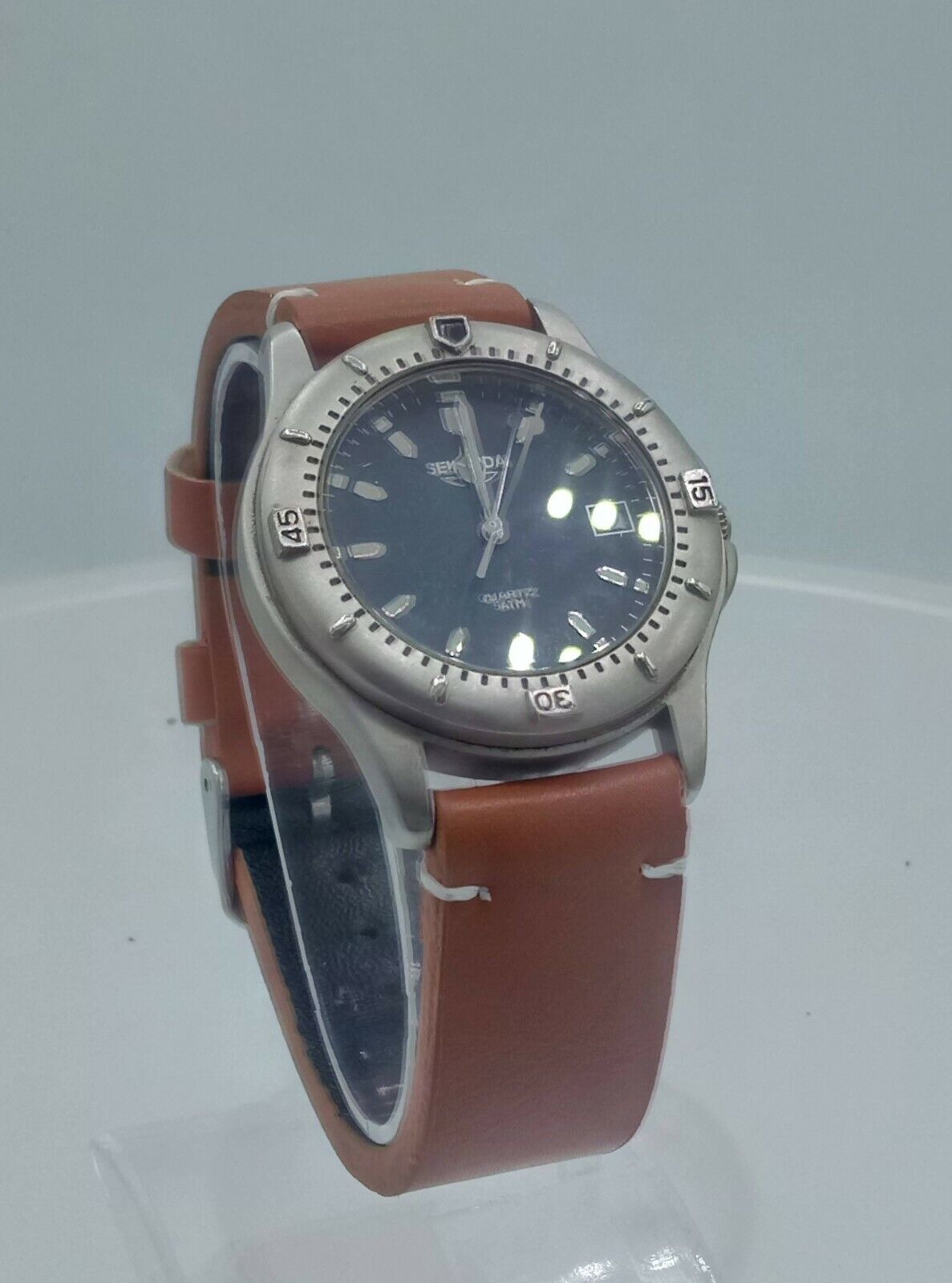 Sekonda quartz watch unisex blue dial brown strap Russian vintage 5 ATM